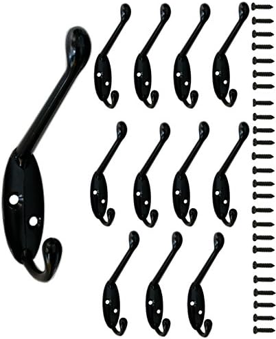 12 Pack Metal Decorative Dual Coat Hooks Wall Mounted Double Coat Hanger for Hat hardware Dual Prong Retro Coat Hanger with 26 Screws Black Color