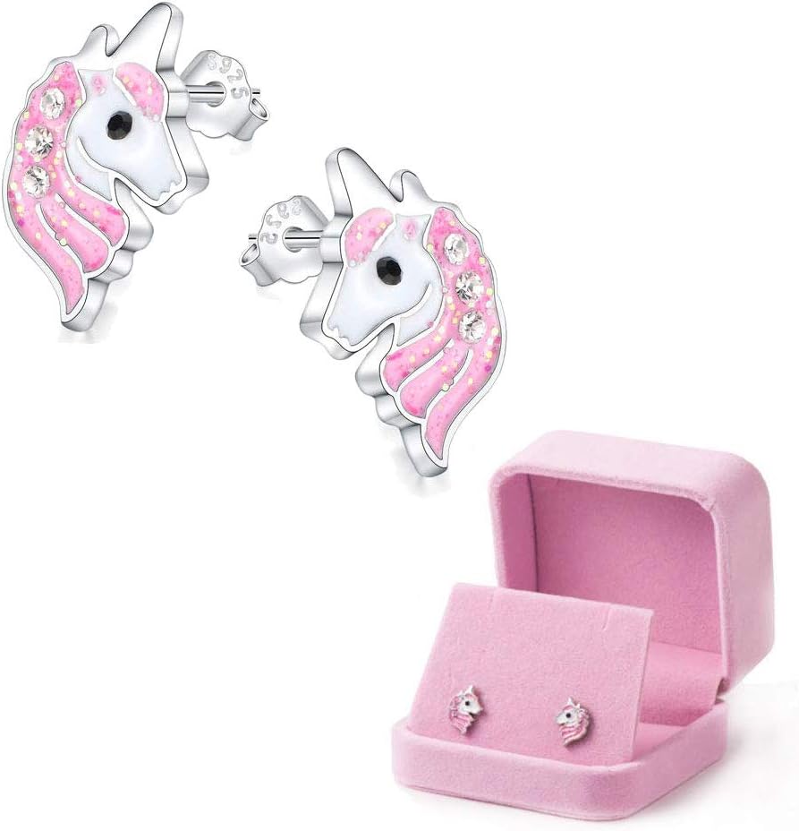 Unicorn Stud Earrings Light Pink Sparkling for Little Girls Kids Jewelry Birthday Party with Velvet gift Box (Earring) (Earrings)