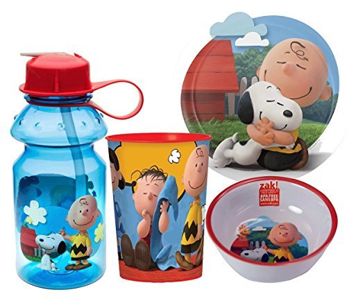 Zak! Designs Peanuts Inspired Mealtime Set: Plate, Bowl, Tumbler & Water Bottle; Featuring Snoopy & Charlie Brown, BPA-free, 4-Piece Set