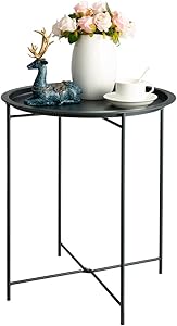 HollyHOME Folding Tray Metal Side Table, Sofa Table Small Round End Tables, Anti-Rust and Waterproof Outdoor or Indoor Snack Table, Accent Coffee Table,(H) 20.28" x(D) 18.11", Dark Grey