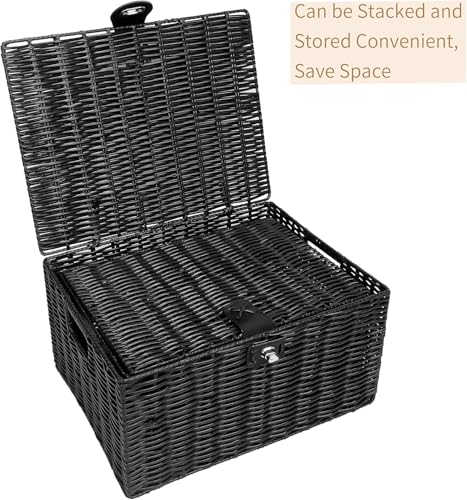 Homodoskey Set of 3 Woven Storage Basket Box Wicker Hamper Stackable Bin with Lid & Lock, Built-in Carry Handles, Organizer for Nursery, Baby Closet, Diaper, Toys, Home, Office, Laundry, DVD (Black)