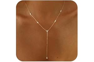 Lariat Gold Necklace for Women Trendy: Long Chain Necklace 14K Gold Plated Y-shaped Drop Pendant Necklace CZ Beaded Pearl Lay