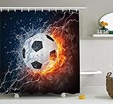 Ambesonne Sports Decor Collection, Soccer Ball on Fire and Water Flame Splashing Thunder Lightning Abstract Image, Polyester Fabric Bathroom Shower Curtain Set with Hooks, Orange Navy White