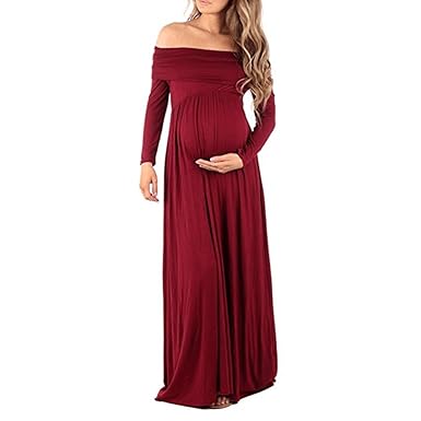 Fymnsi Women Maternity Off Shoulder Long Sleeve Maxi Dresses