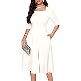Bbonlinedress Women Cocktail Dress Formal Wedding Guest 3/4 Sleeve A-Line Swing Square Neck Church Midi Tea Prom Dress