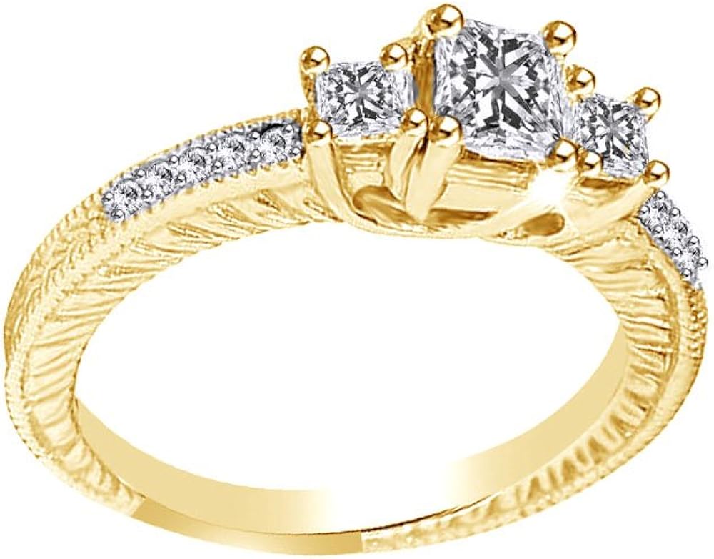 Cubic Zirconia Three Stone Square Engagement Ring in 14k Yellow Gold