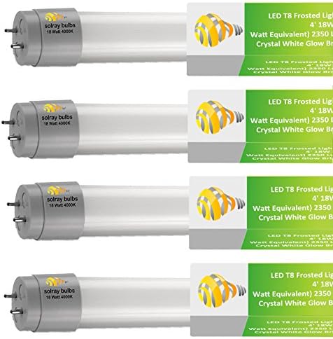 LED T8 Frosted Light Tubes, 4 Pack 4' 18W (75 Watt Equivalent) 2350 Lumens Bulbs - 4000K Daylight Glow Brightness - by Solray
