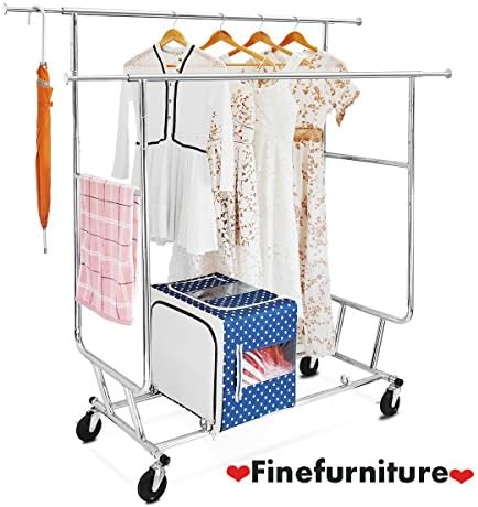 Double Rail Garment Rack with Adjustable Extendable Rails, Chrome Finish Collapsible Clothing Rack, Commercial Grade Clothes Drying Rack, Rolling Racks with Wheels