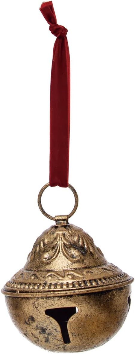 Bows & Ribbons - Creative Co-Op Embossed Metal Sleigh Bell with Velvet Ribbon, Gold