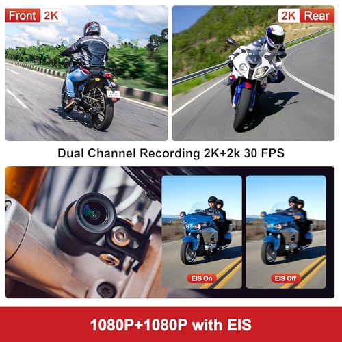K7 Front and Rear Dash Cam with EIS Anti-Shake 2K + 2K @ 30FPS or 1080P + 1080P @ 60fps Motorcycle Camera, GPS, Wi-Fi, 24 Hours G-Sensor, Waterproof Motorcycle Camera Support 512GB Max