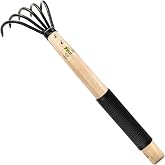 15 Inch Garden Rake 5 Tines with Ergonomic Wooden Handle for Firm Grip | Military Grade Steel Hand Garden Tool Wood Japanese Ninja Claw Rake for Pulverized Aerated Soil Gardening Weeding