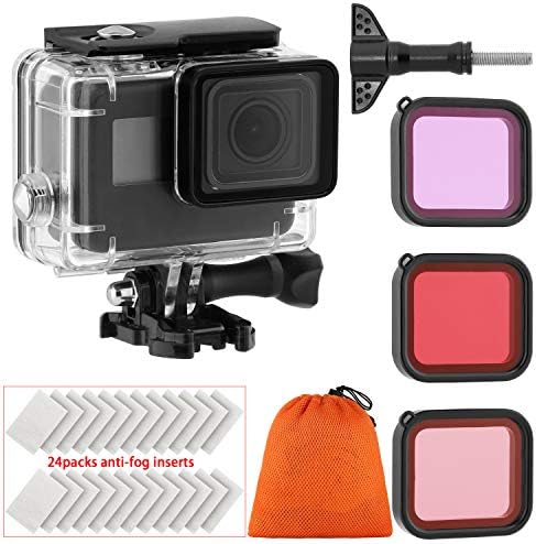 Housing Case Filter Kit for GoPro Hero 7 Hero 6 Hero 5 Black Hero, Waterproof Case Diving Protective Housing Shell + 3 Pack Filter + 24 Anti-Fog Insert + Bracket Accessories