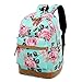 School Backpacks for Teen Girls Lightweight Canvas Backpack Bookbags Set (Light Green- Flower)