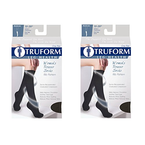 Truform Women's Fit Compression Socks, Rib Knit Pattern, 15-20 mmHg, Black, Medium (Pack of 2)