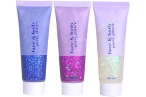 PAQIMAN 3 Color Face Glitter,Neon Outfit Glow Party for Hair Face and Body Glitter Gel Highlighter Makeup.(01-Blue&04-Rose&06-White Moonbeam)