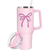 JarThenaAMCS 40oz Valentine's Day Pink Bow Tumbler with Handle Coquette Bowknot Tumbler with Straw and Lid Pink Stainless Steel Cup for Girl Women Friend Holiday Birthday Gift