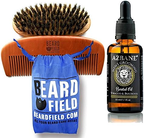 Beard Grooming Kit - All Natural Cedarwood & Nutmeg scent with 100% Organic Argan oil & Jajoba oils - Premium Beard Oil Conditioner & Beard Comb and Brush Bundle Gift for Men