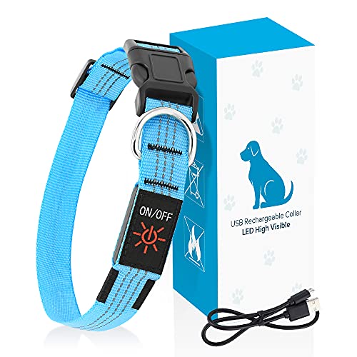 PZRLit LED Dog Collar Light-USB Rechargeable, Adjustable Nylon Webbing Light Up Dog Collars Super Bright, Safety Reflective Puppy Collar, Water Resistant Ｇlow in the Ｄark Pet Collars-Blue, Large