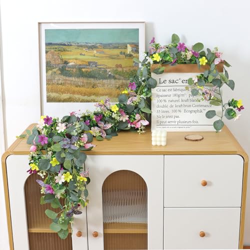ASTNIC 2 Pack 5.68FT Artificial Eucalyptus Flower Garland with 3D Butterfly, Fake Hanging Plants Floral Vines Greenery Daisy Eucalyptus Garland for Wedding Backdrop Arch Wall Party Table Runner Decor