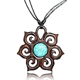 Earth Accessories Adjustable Length Organic Wood Necklace Inlaid with Turquoise Colored Synthetic Stone