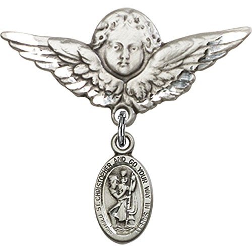 Sterling Silver Baby Badge with St. Christopher Charm and Angel w/Wings Badge Pin 1 1/8 X 1 1/8 inches