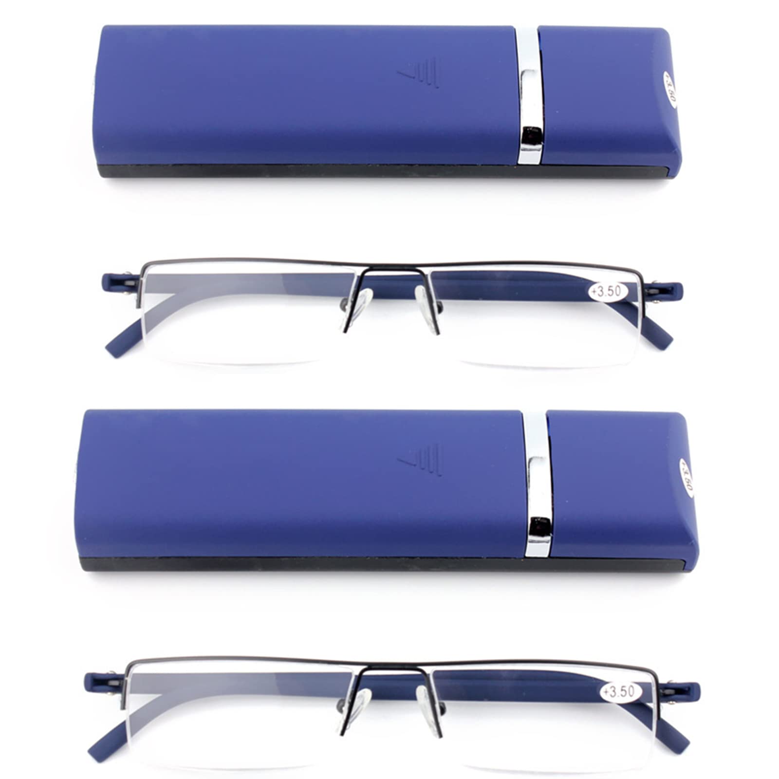 KoKoBin 2 Pack Lightweight TR90 Material Frame Reading Glasses for Mens Womens Half Rim with Case Portable Readers (2 Blue, +3.5)