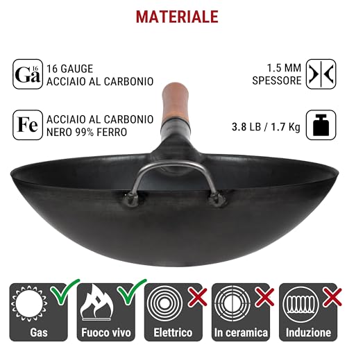 YOSUKATA Professional Wok Pan 36 cm – Traditional Round Base in Preconditioned Carbon Steel – Original Chinese – Large Pot – Compatible with Gas and Open Fire (Black)
