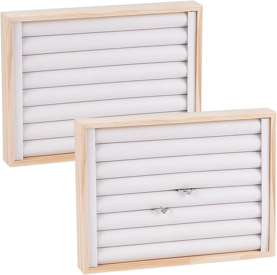 NBEADS 2 Pcs PU Leather Rings Displays Tray, 7 Slots Ring Earring Storage Holder Bracelets Necklaces Jewelry Display Organizer for Jewelry Retail Display Selling, White, 24.1x18x3.1cm