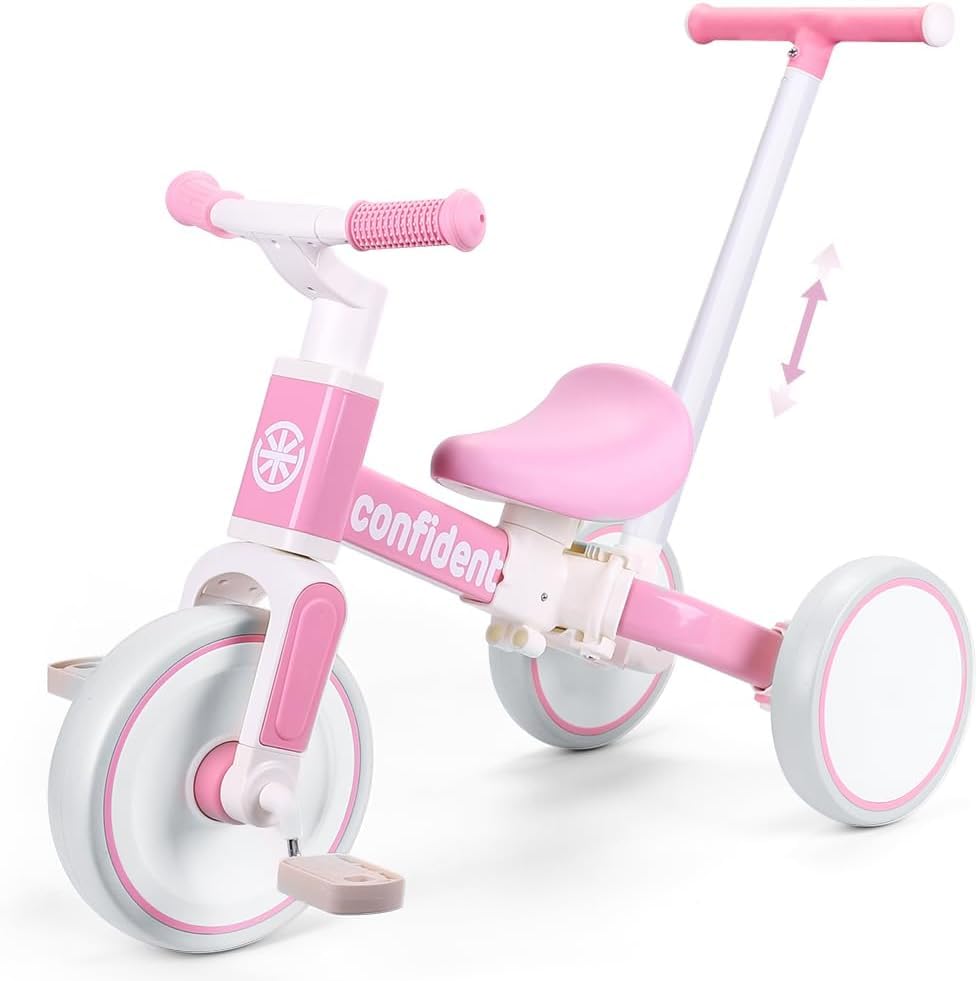 Toddler Trike Balance Bike for 2 3 4 Year Olds, 5 in 1 Kids Tricycle with Parent Handle & Removable Pedals, Push Trike Ride on Toys, Birthday Gifts for Boys Girls