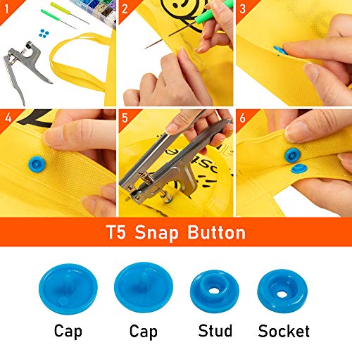 Snap Fastener Kit - 408 Sets of T5 Plastic Snap Buttons with Snap Pliers and Installation Tools for Craft, 24 Assorted Colors, 1/2 Inch Cap Diameter