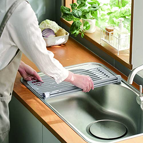 Josoft Over The Sink Dish Drying Rack, Roll up Sink Dish Drainer Rack Multipurpose Foldable Kitchen Stainless Steel Dish Rack Sink Drying Rack 20.6