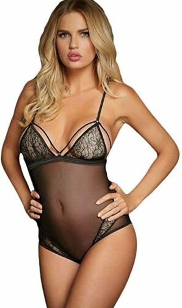 New Black Transparent Lace Up Back Teddy Bodysuit Lingerie Uk Size 10
