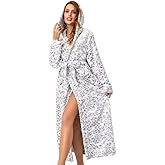 Plush Hooded Bathrobe, Full Length Leopard Print, White and Gray, Women's Loungewear with Belt