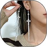 Gold Cross Earrings for Women Vintage Rhinestone Cross Dangle Earrings Trendy Crystal Tassl Drop Earring