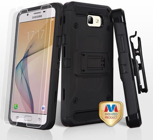 ShopAegis - [COMBO PACKAGE] 3 in 1 Combo [Black/Black] Ultimate Shockproof Protection Armor Shield Hybrid Holster Tempered Glass Cover Case for Samsung Galaxy [J5 Prime][On5 (2016)][G570]