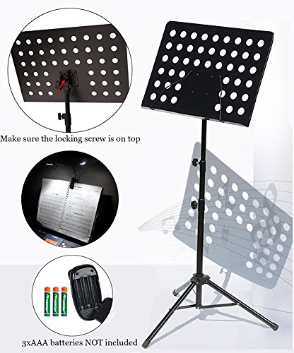 Sheet Music Stand 63"Portable Adjustable Folding Music Holder for Violin Guitar with LED light,Paper Holder,Carrying Bag Black - Lunies