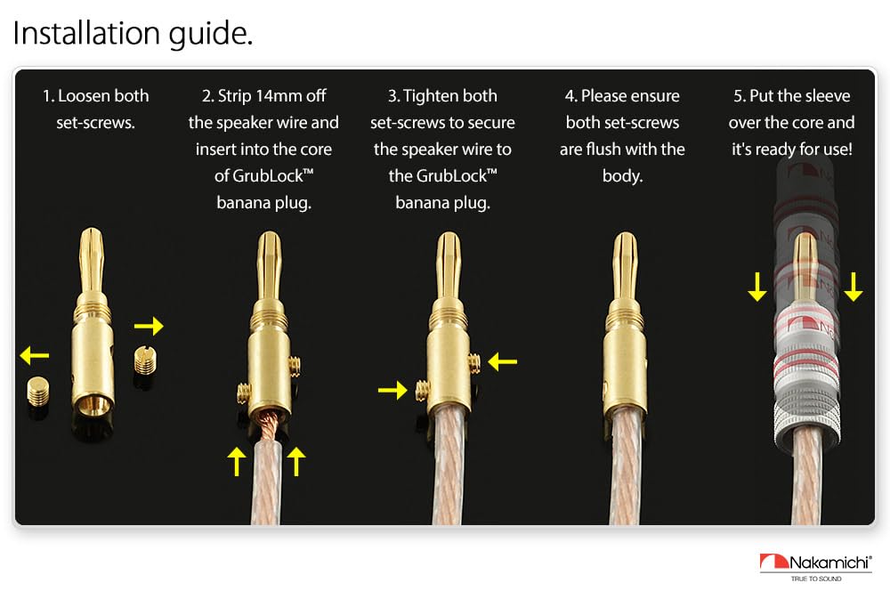 Nakamichi 24K vergoldeter Bananenstecker 12 AWG - 18 AWG Gauge Größe 4mm für Lautsprecher Verstärker Hi-Fi AV Receiver Stereo Heimkino Audiokabel Stecker schraubbar 4 Stück (2-Paare) 5