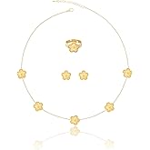 Gold Plated Five Leaf Clover Necklace Rings and Stud Earrings Set for Women Lucky Flower Jewelry