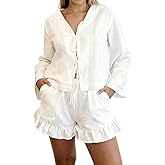 Sotimoon Womens Ruffle Short Sets 2 Piece Outfits Fashion Summer Tie Front Top and Shorts Cotton Pajamas Set