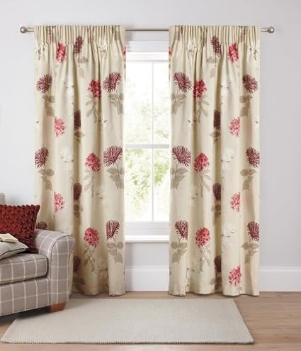 Next Red Hydrangea Printed Curtains Pencil Pleat Fully Lined
