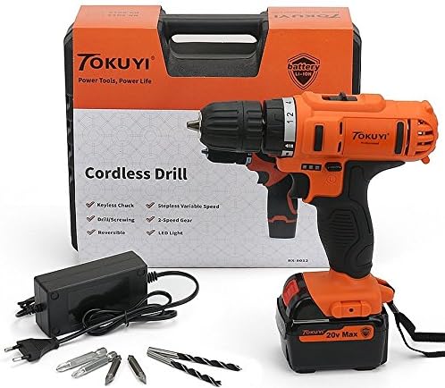 TOKUYI 20V MAX 1500mAh Lithium-Ion Cordless Drill Driver Kit, 3/8 Keyless Chuck,2-Speed, LED Light with Advance Battery Cell and Charger