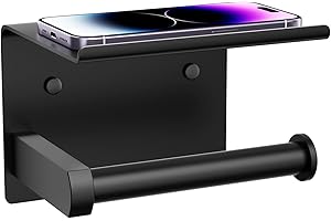 Tindbea Toilet Paper Holder with Phone Shelf, Adhesive or Screw Wall Mount Toilet Tissue Roll Holder, Rustproof & Multifunctional Stainless Steel Bathroom Storage Dispenser (Matte Black)