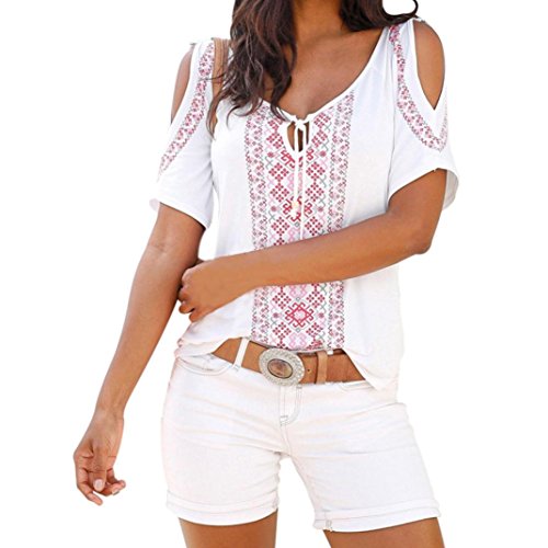 FUNIC Women Summer Short Sleeve Shirt, Printed Tops Blouse T-Shirt (Large, White)