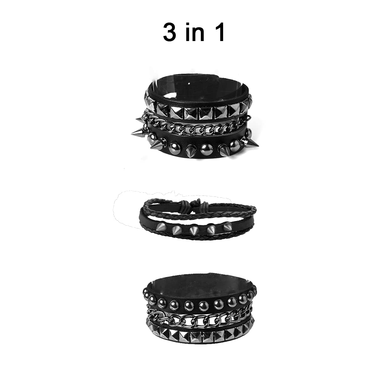 Eigso Leather Punk Rock Cuff Bracelets for Men Women Retro Vintage Chain 80s Wristband Set for Man Woman