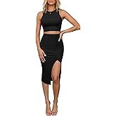 oten Women 2 Piece Summer Sexy Slim Skirt Ribbed Sleeveless Tank Top Bodycon Slit Dress High Waist Midi Dresses Outfit Set