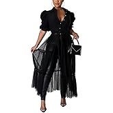 Ekaliy Women’s Casual Mesh See Through Shirts Long Dresses with Belt V Neck Button Down Club Party Outfit