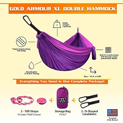 Gold Armour Camping Hammock - XL Double Hammock Portable Hammock Camping Accessories Gear for Outdoor Indoor with Tree… 51 ORDSMfEL