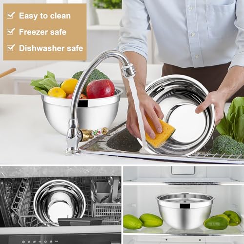 E-far Mixing Bowls with Lids, 6-Piece Stainless Steel Salad Bowls Metal Nesting Bowls for Baking Cooking and Prepping, Airtight Lids & Stackable Design, Size 4.5, 3, 1.5 QT (Khaki)
