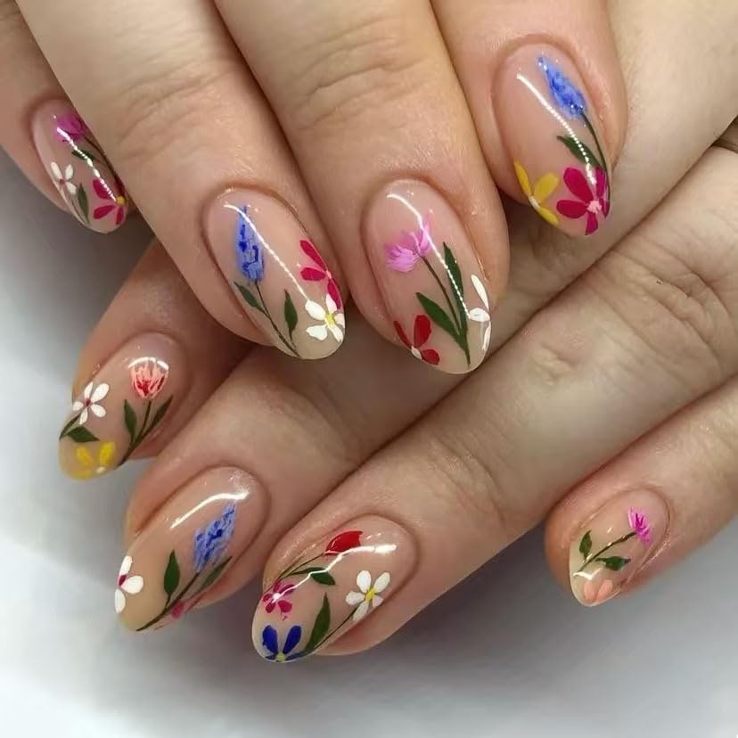 Almond Spring Press on Nails Colorful Flower Fake Nails Glossy Finish Acrylic Nails Press ons with Flowers Designs Cute Floral Finger Manicure Nail Kit Spring Summer Glue on Nails for Women 24Pcs - Image 6