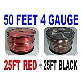 4 Gauge 25' BLACK and 25' RED Car Audio Power Ground Wire Cable 50' ft Total
